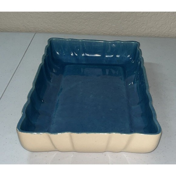 Los Angeles Potteries Rectangle Ceramic Serving Dish Turquoise/Cream #300 - Picture 2 of 12